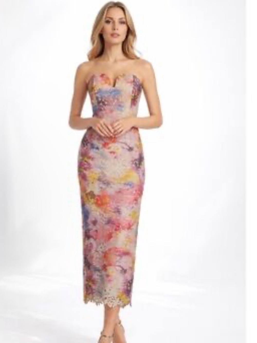 NEW Belle by Badgley Mischka-Stella Strapless Floral Lace Midi Dress